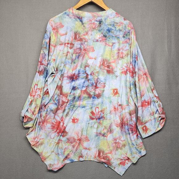 Cocomo Woman Top 3X Floral Popover 3/4 Roll Tab Sleeve Assymetric Hem Stretch - Picture 2 of 10